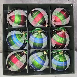 Motif Luxury Glass Plaid Christmas Ornaments 9 Pack Red Blue Green 4"